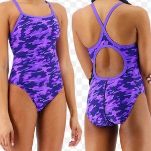 TYR one piece girls swimsuit, purple camo- size 30  competitive, beach, fun